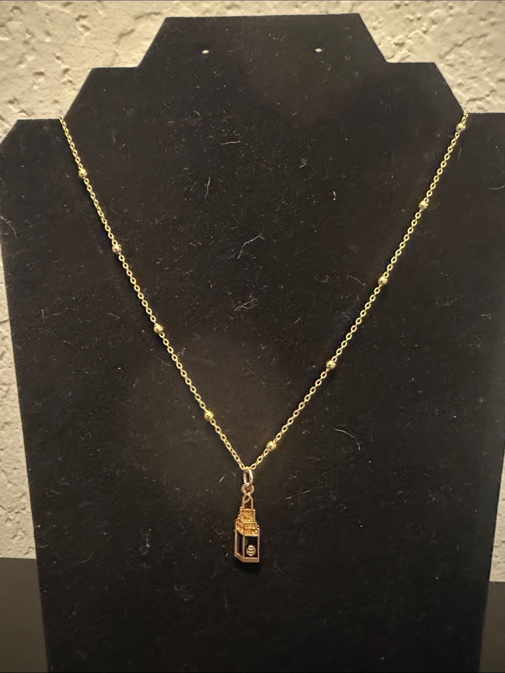 Inspired Delicate Gold Bead Necklace with Miniature Lipstick Pendant